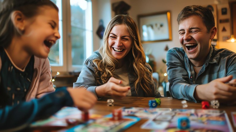 Eine Familie spielt zusammen ein Brettspiel. Alle lachen und haben Spaß. © KI-generiert by freepik.com