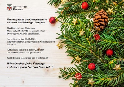 Öffnungszeiten des Gemeindeamtes während der Feiertage - Neujahr