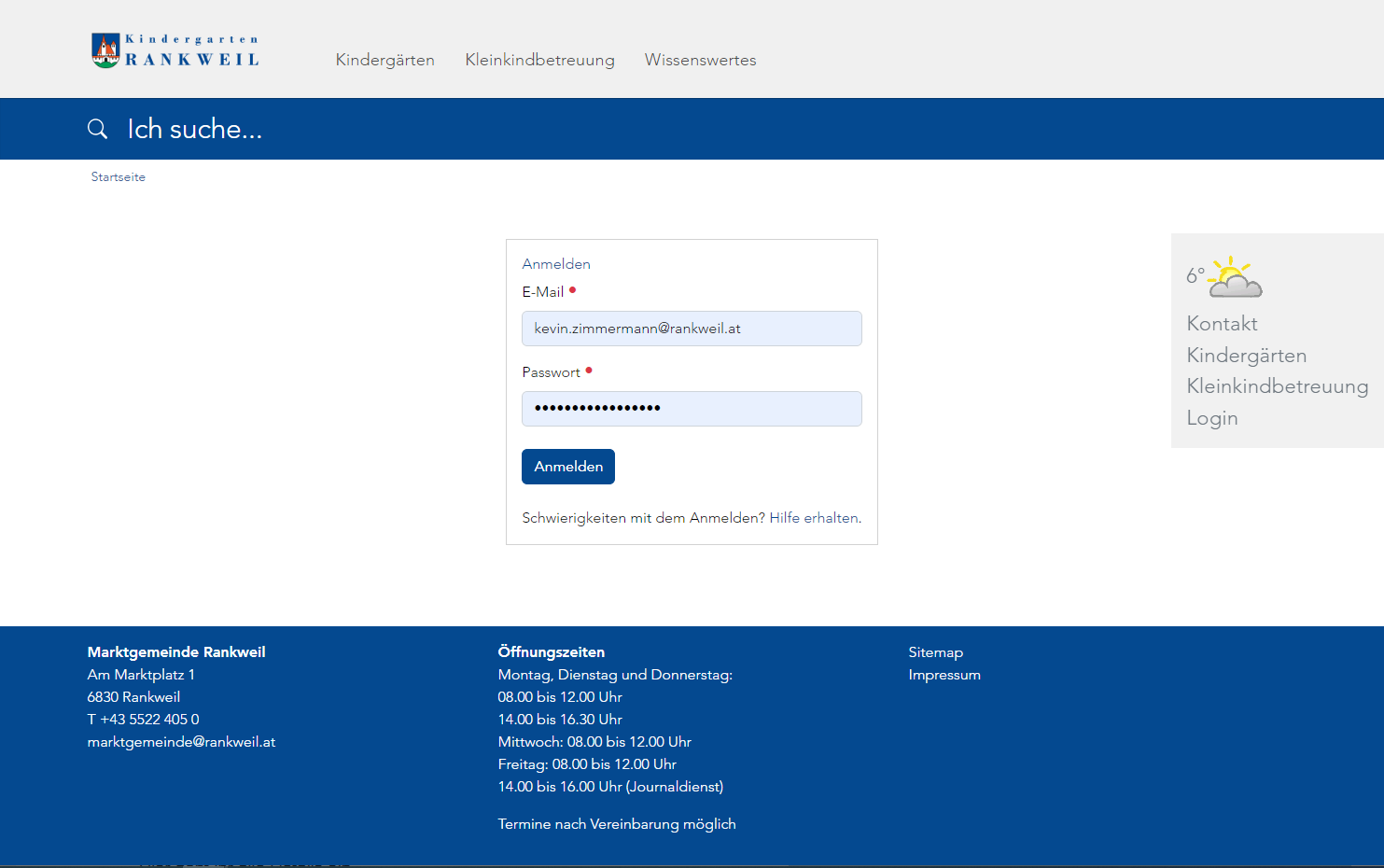 Kindergarten: Startseite Login Maske