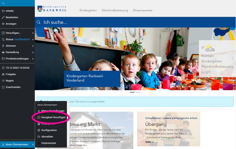 Kindergarten: Neuigkeit hinzufügen