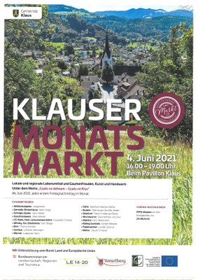 Projekt AKTUELL - "Die Gemeinde Klaus eröffnet ihren Monatsmarkt am 4. Juni 2021!" Projekt AKTUELL - "Die Gemeinde Klaus eröffnet ihren Monatsmarkt am 4. Juni 2021!"
