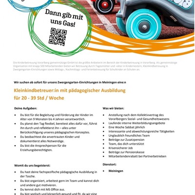 Kleinkindbetreuer:in mit pädagogischer Ausbildung für 20-39 Std. / Woche
