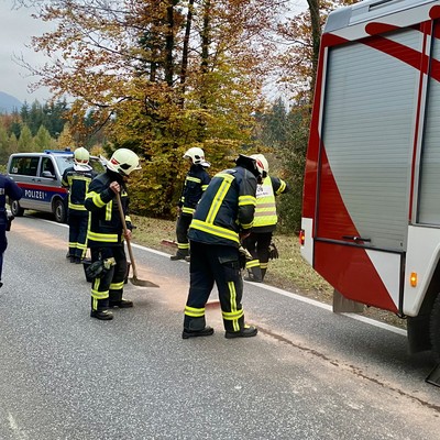 Einsatz 13 - 2024: t1 Röthis Bushaltestelle Bild ca. 40m Ölspur > Hydraulikschlauch gerissen.