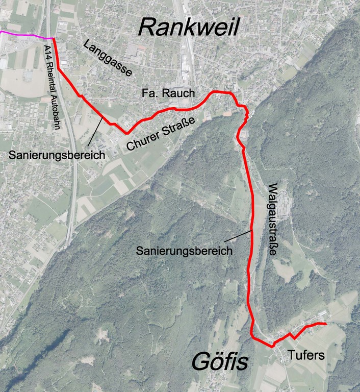 In diesem Bereich (rote Linie) wird es zwischen November 2023 und Dezember 2024 zu kurzen Verkehrsbehinderungen kommen.