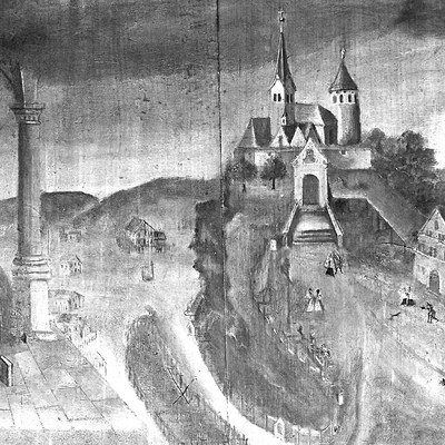 Auf dem Grabdenkmal des 1743 verstorbenen Pfarrhelfers Michael Ludescher aus Sulz befindet sich eine  Darstellung des Liebfrauenbergs aus der ersten Hälfte  des 18. Jahrhunderts © Gemeindearchiv Rankweil