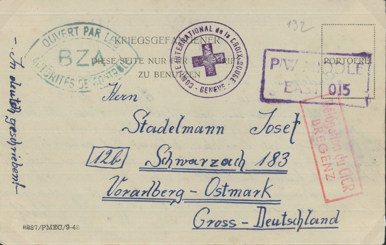 Portofreier Brief eines Kriegsgefangenen, ausgeliefert über das Rote Kreuz in Bregenz an Genf © Philatelieclub Montfort
