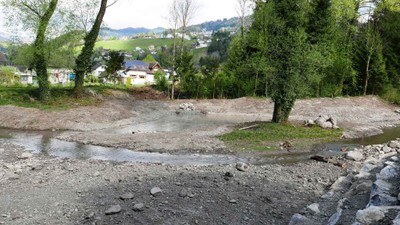 2017: April: Das erste Wasser erreicht den unteren Rechen.
