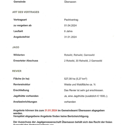 Ausschreibung Genossenschaftsjagd Übersaxen - Angebote können bis zum 31.01.2024 im Gemeindeamt Übersaxen abgegeben werden.