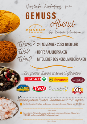 Genuss Abend des Konsum Übersaxen am 24. November 2023/18:00 Uhr