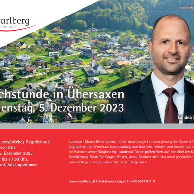 Sprechstunde mit Landesrat Marco Tittler am Dienstag, 5. Dezember 2023, von 16:00 Uhr bis 17:00 Uhr im Gemeindeamt, Sitzungszimmer, in Übersaxen