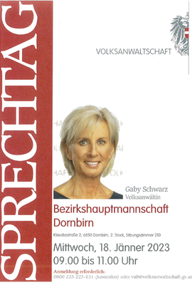 Sprechtag Volksanwältin Gaby Schwarz am 18. Jänner 2023