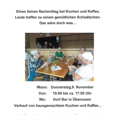 Treffpunkt Bücherei-Café am Donnerstag, 09. November 2023 von 15:00 bis ca. 17:00 Uhr in der Dorfbar Übersaxen