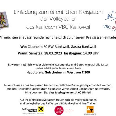 VBC Rankweil -  Einladung zum öffentlichen Preisjassen