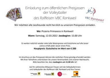Einladung zum öffentlichen Preisjassen der Volleyballer des Raiffeisen VBC Rankweil