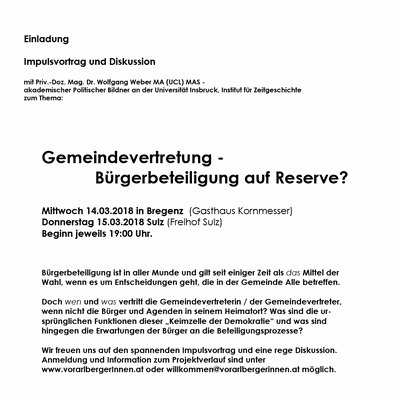 Impulsvortrag und Diskussion: Gemeindevertretung - Bürgerbeteiligung auf Reserve?