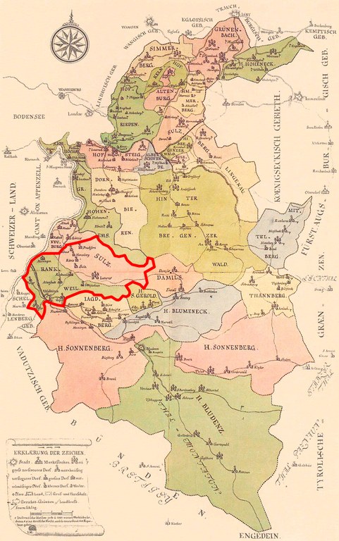 Vorarlberg 1783 und das Gebiet der heutigen Region Vorderland-Feldkirch (rote Markierung)