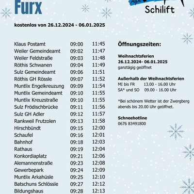 Fahrplan Sonnenbus Furx Weihnachtsferien 2024/2025 und Semesterferien 2025
