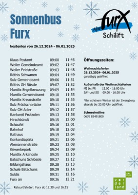 Fahrplan Sonnenbus Furx Weihnachtsferien 2024/2025 und Semesterferien 2025